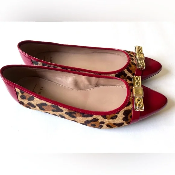 Tabita NEW Leopard Print Pointed Toe Ballet Flats Red Trim Gold Bow NWOT Size 6 - Picture 5 of 9